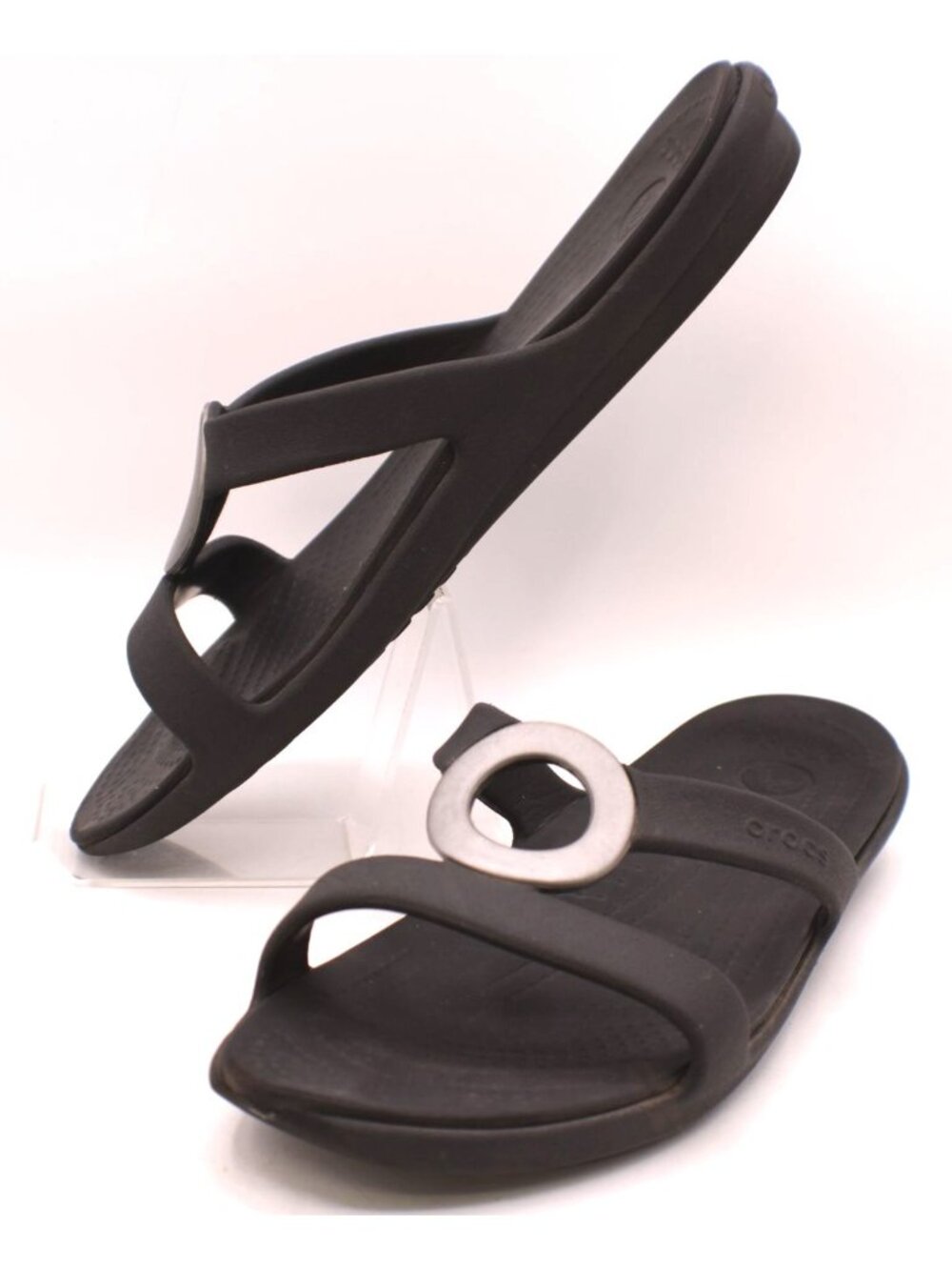Crocs Sanrah Circle Metallic Ring Slide Sandals Black Silver Accent Comfort W 10